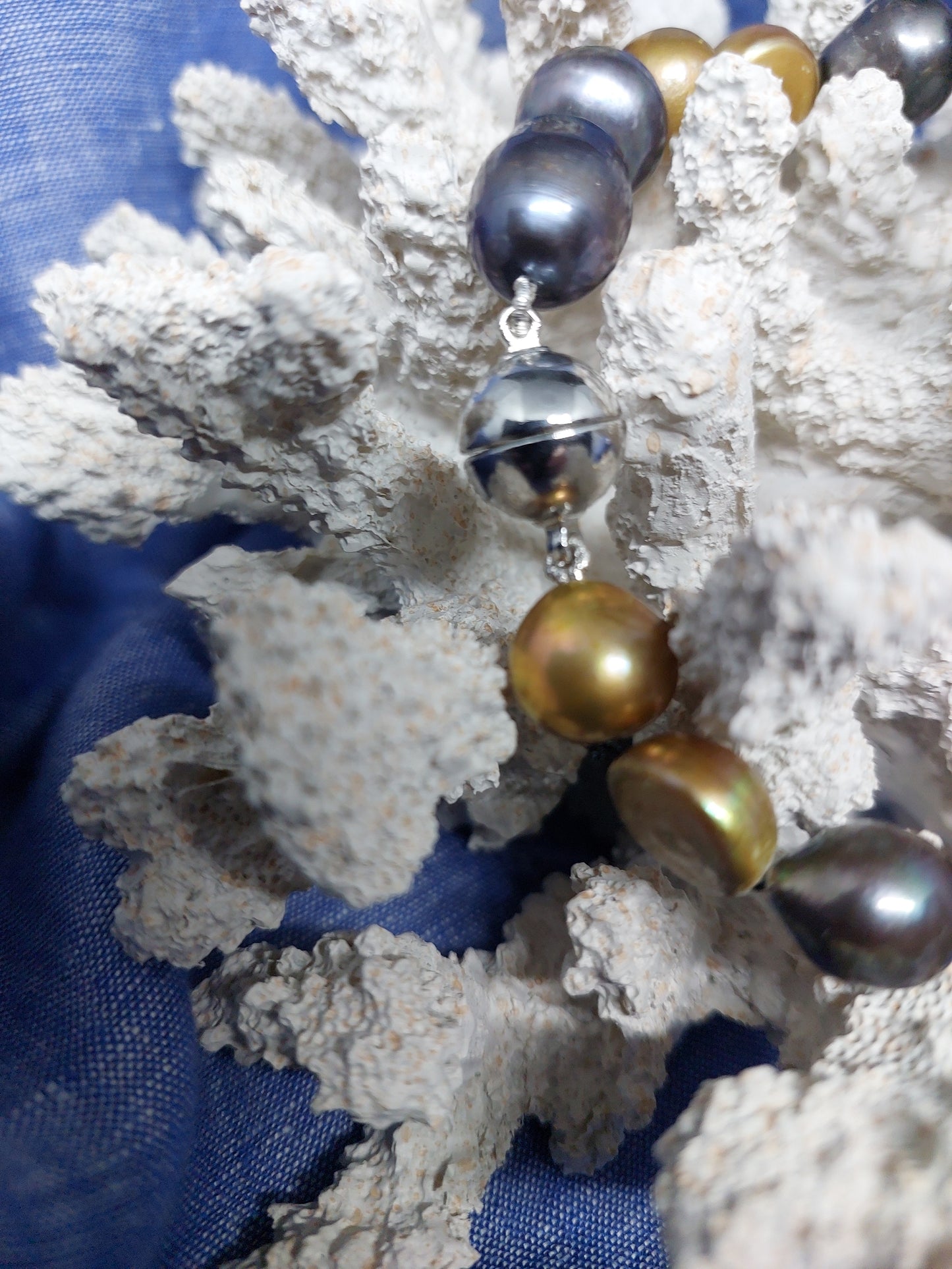 2 Gold + 2 black dyed pearl necklace