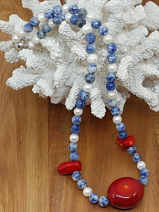 Pearl, Sodalite and Coral necklace