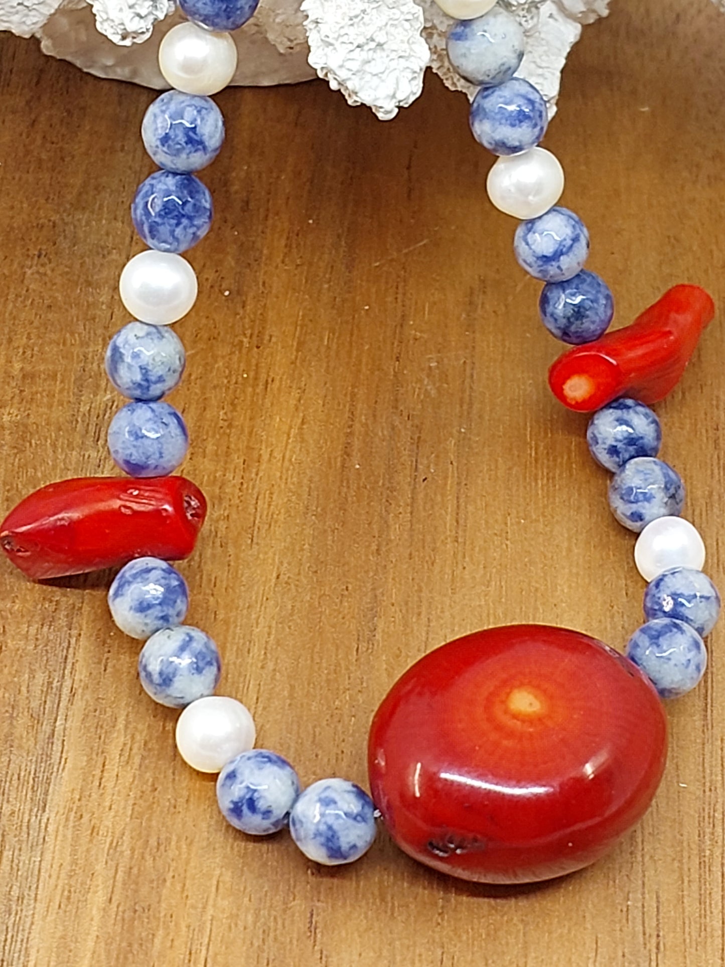 Pearl, Sodalite and Coral necklace